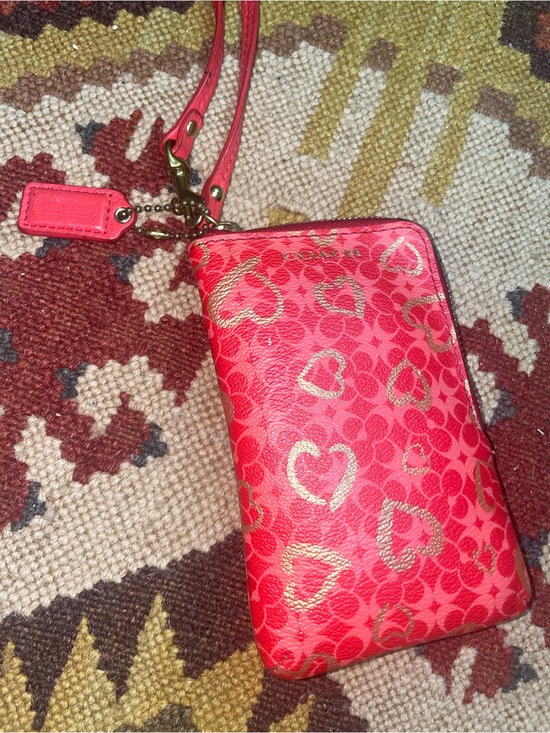 Coach Handbags - Vintage Coach Pink-Red Gold Heart Print Mini Wristlet with Gold Accents